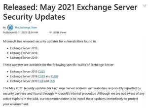 Microsoft、Exchange Serverの5月のセキュリティ更新プログラムリリース