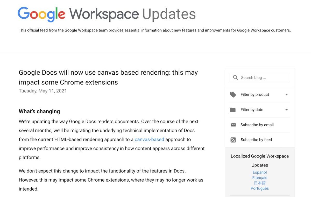 Google Workspace Updates: Google Docs will now use canvas based rendering: this may impact some Chrome extensions