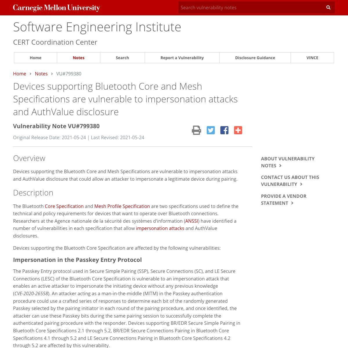 VU#799380 - Devices supporting Bluetooth Core and Mesh Specifications are vulnerable to impersonation attacks and AuthValue disclosure
