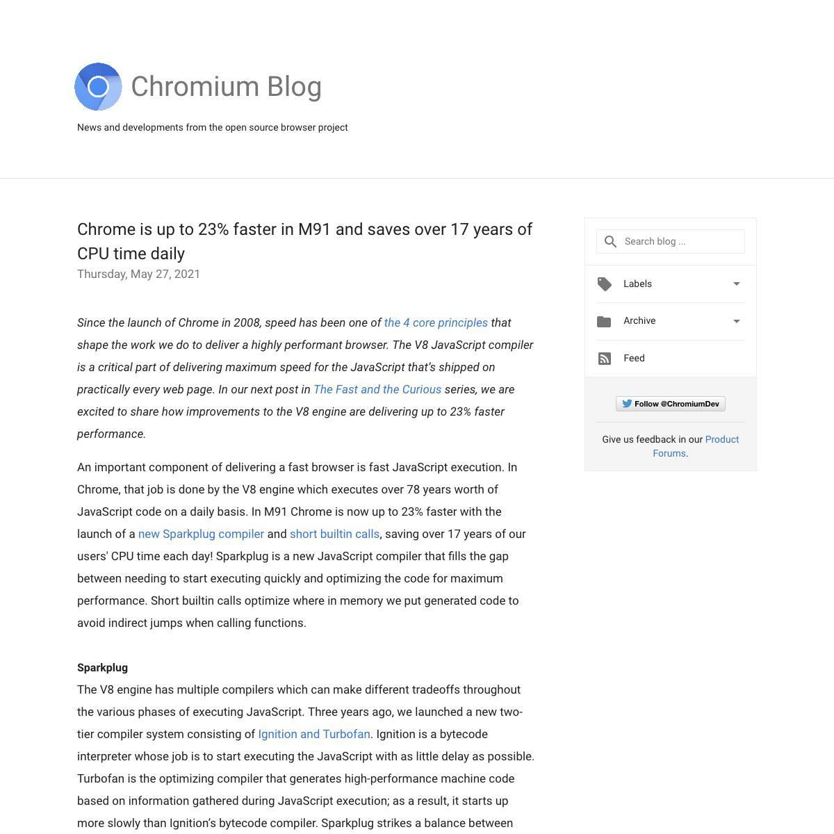 Chromium Blog: Chrome is up to 23% faster in M91 and saves over 17 years of CPU time daily