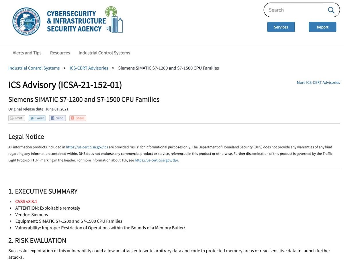 ICS Advisory (ICSA-21-152-01): Siemens SIMATIC S7-1200 and S7-1500 CPU Families｜CISA