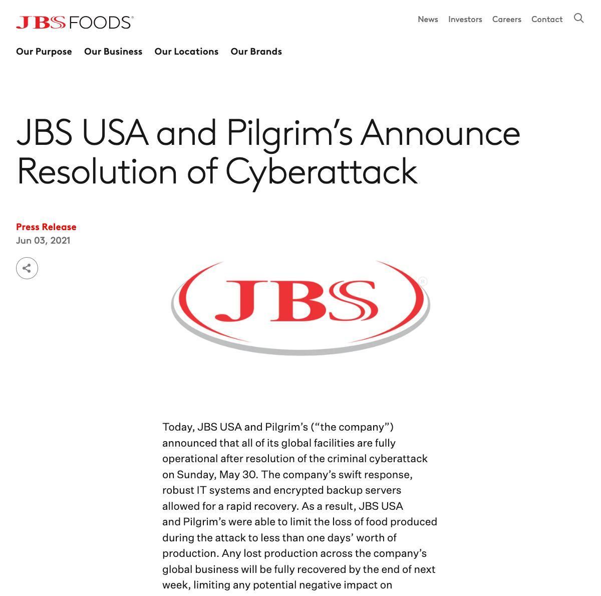 JBS USA and Pilgrim’s Announce Resolution of Cyberattack — JBS Foods