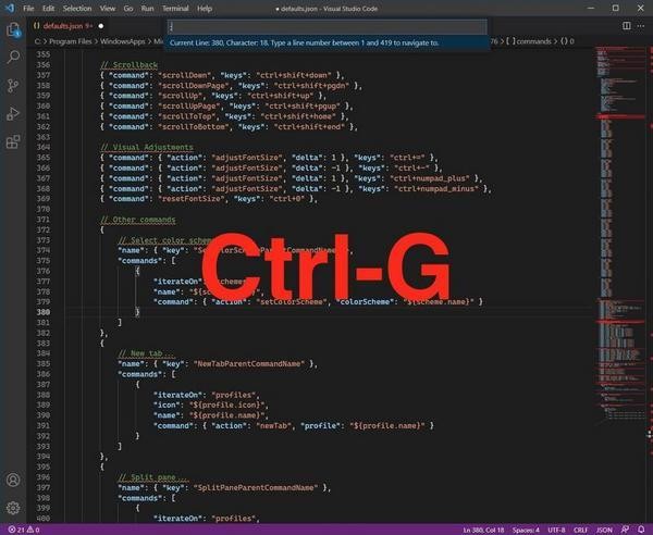 「Ctrl」＋「G」指定行へ移動