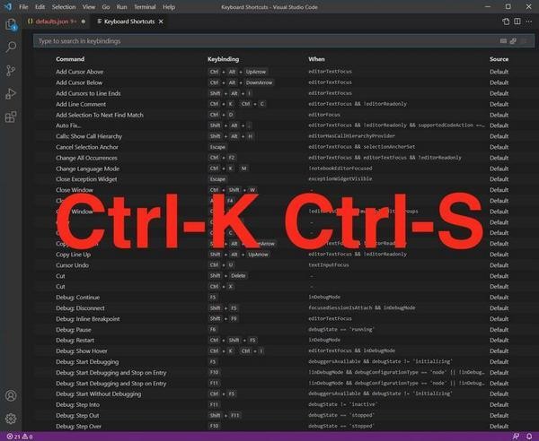 「Ctrl」＋「K」「Ctrl」＋「S」ショートカットキー一覧表示