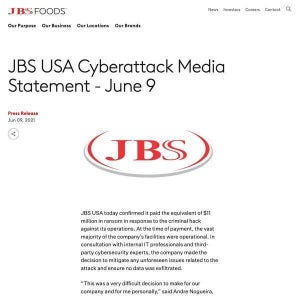食肉加工のJBS Foods、サイバー攻撃者に1100万ドルの身代金払う