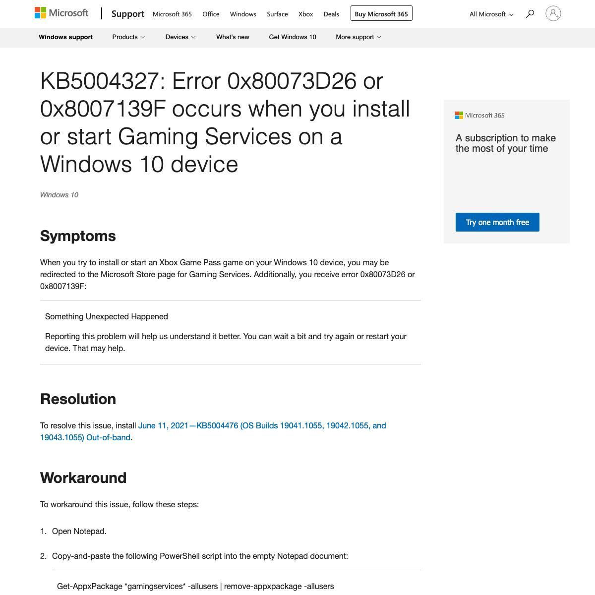 KB5004327: Error 0x80073D26 or 0x8007139F occurs when you install or start Gaming Services on a Windows 10 device