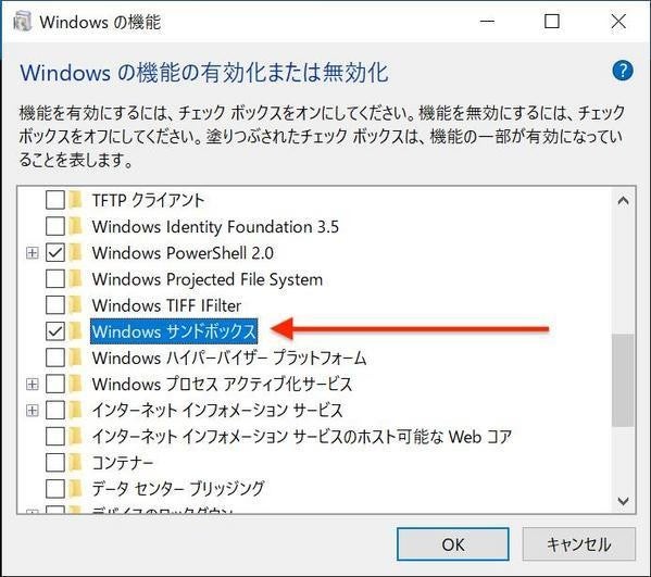 「Windowsサンドボックス」にチェックを入れて「OK」を押す