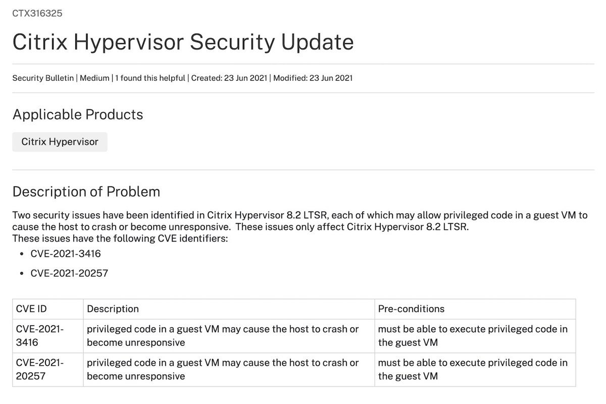 CTX316325: Citrix Hypervisor Security Update