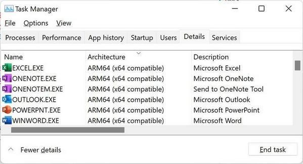 ARM64版Officeが動作している様子のタスクマネージャー ー 画像:Office Insiderブログより