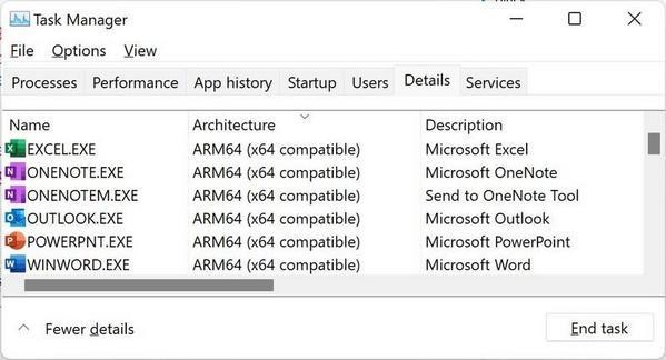 ARM64版Officeが動作している様子のタスクマネージャー ー 画像:Office Insiderブログより