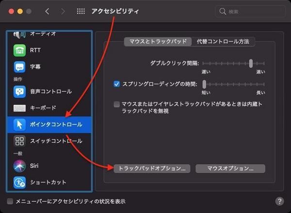 システム環境設定：「アクセシビリティ」→「ポインタコントロール」→「トラックパッドオプション…」