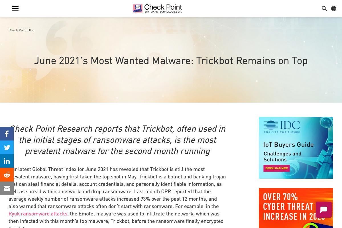 June 2021’s Most Wanted Malware: Trickbot Remains on Top - Check Point Software