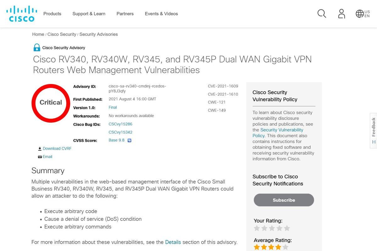 Cisco RV340、RV340W、RV345、and RV345P Dual WAN Gigabit VPN Routers Web Management Vulnerabilities
