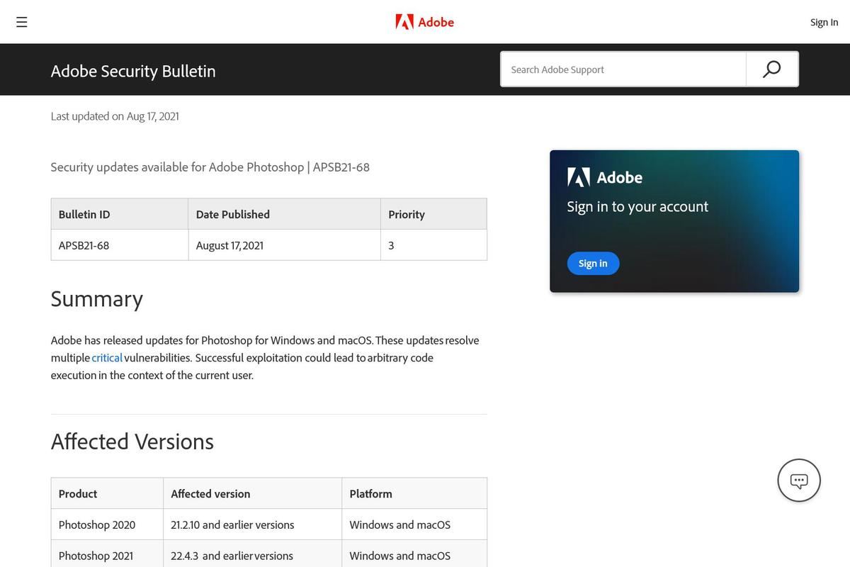 Security updates available for Adobe Photoshop｜APSB21-68