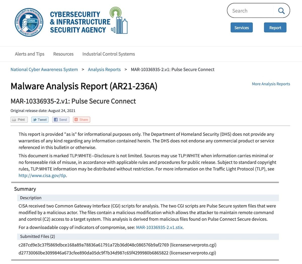 Malware Analysis Report (AR21-236A): MAR-10336935-2.v1: Pulse Secure Connect