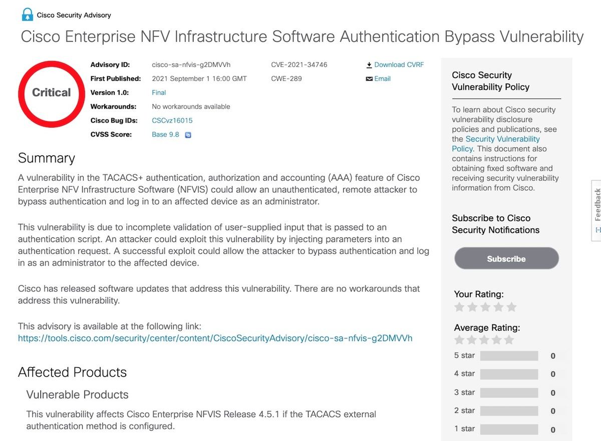 Cisco Enterprise NFV Infrastructure Software Authentication Bypass Vulnerability