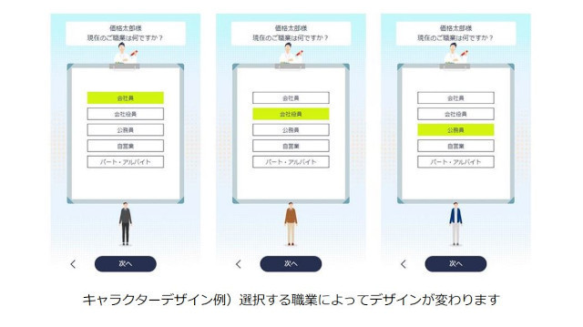 「パーソナル保険診断」、キャラクターデザインが変化するインターフェイス(同社資料より)