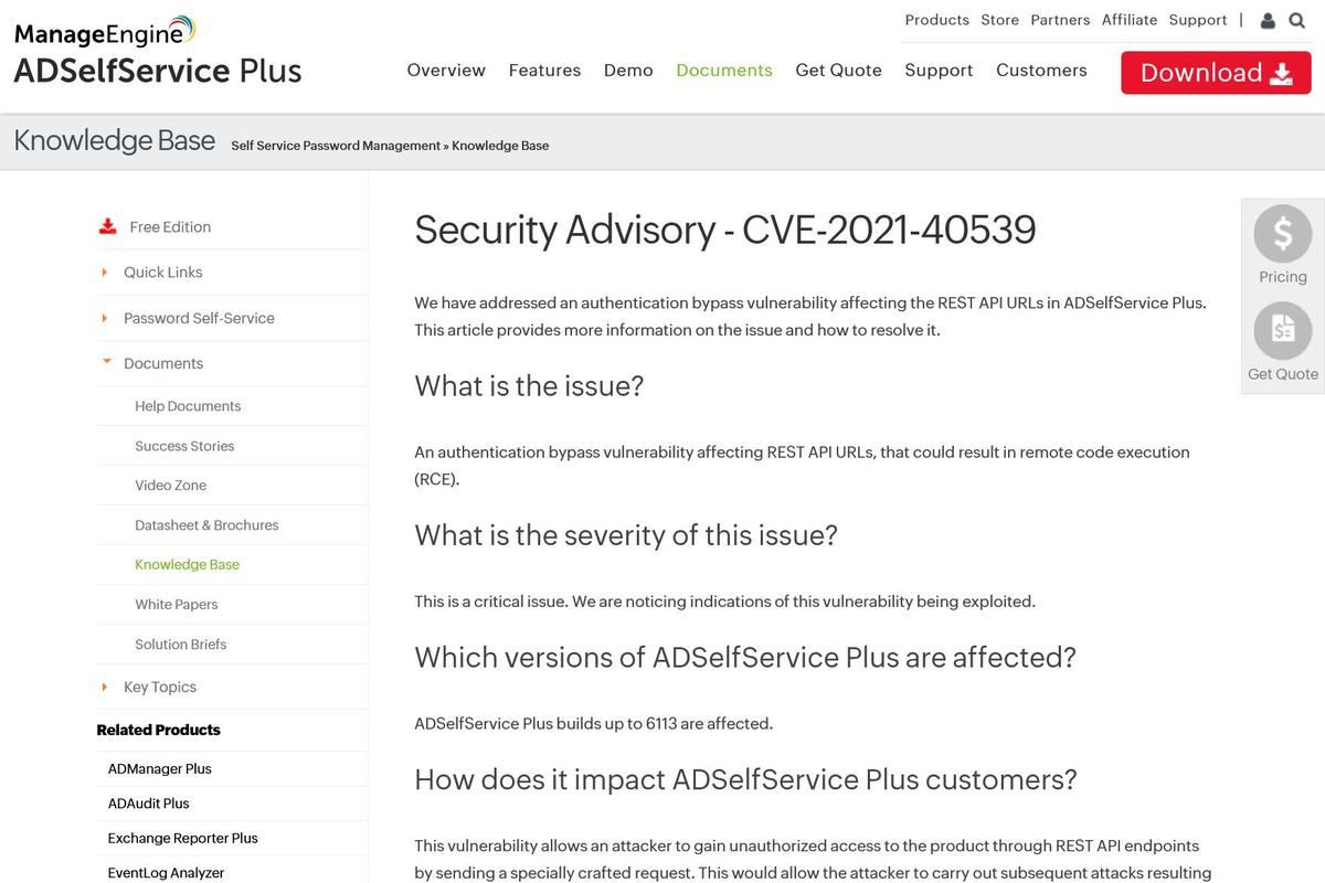 Fixing the authentication bypass vulnerability affecting REST APIs｜ManageEngine ADSelfService Plus