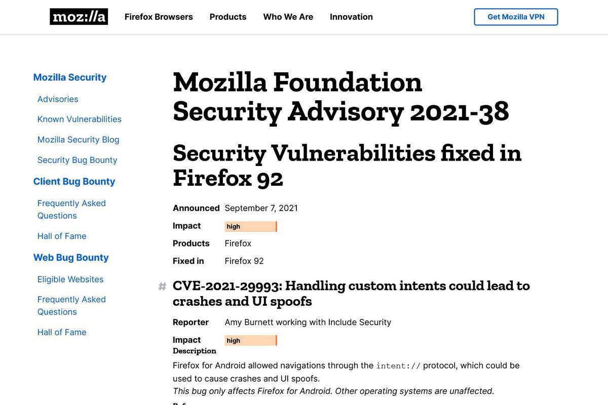 Security Vulnerabilities fixed in Firefox 92 — Mozilla