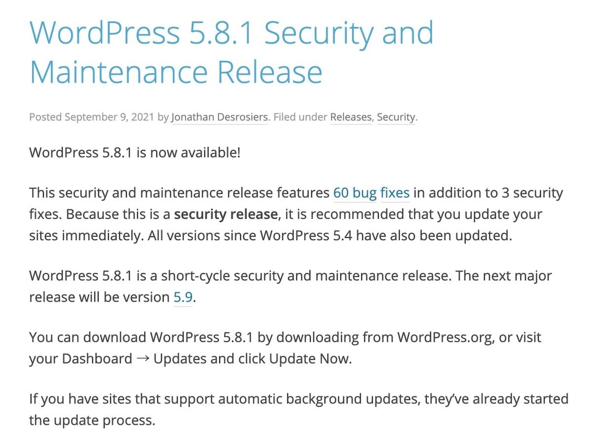 News – WordPress 5.8.1 Security and Maintenance Release