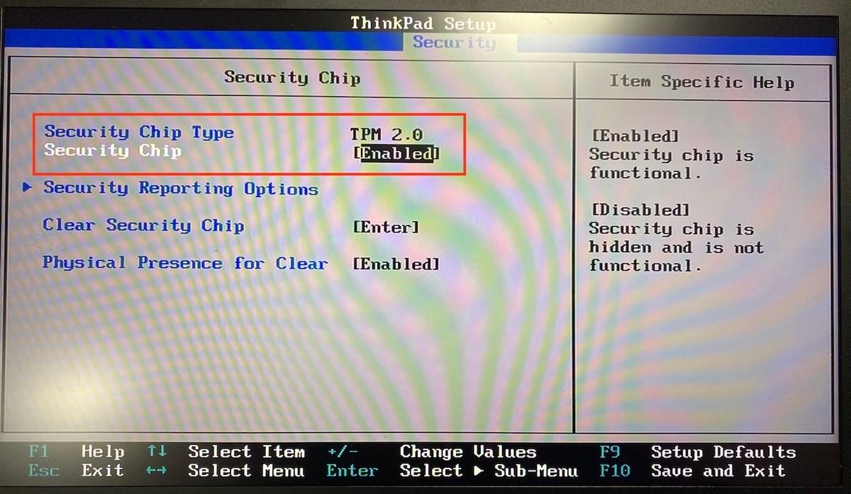 UEFI BIOSの設定でTPM 2.0を有効化している例