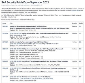 SAP、9月の月例セキュリティパッチをリリース - 19件の脆弱性修正