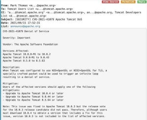 Apache Tomcatにサービス運用妨害(DoS)の脆弱性、アップデートを