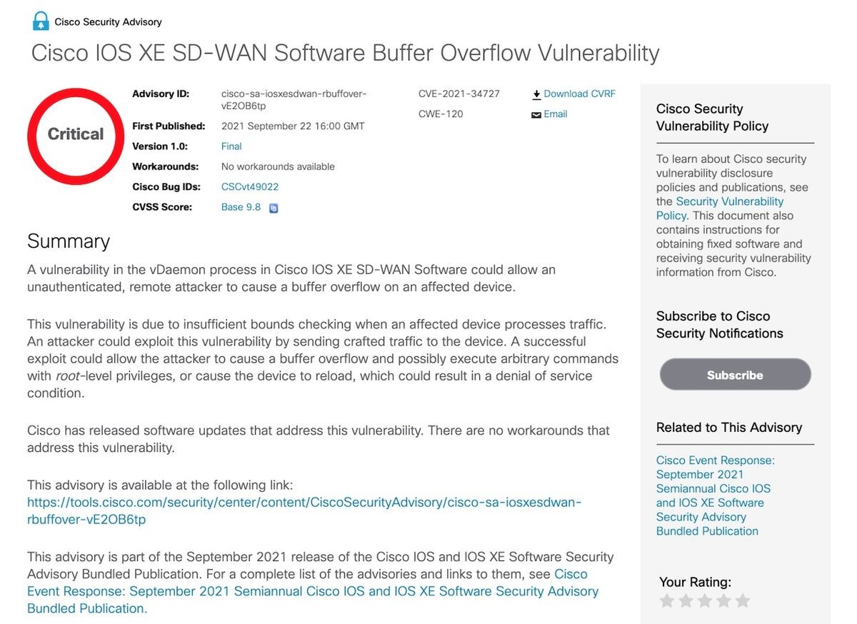 Cisco IOS XE SD-WAN Software Buffer Overflow Vulnerability