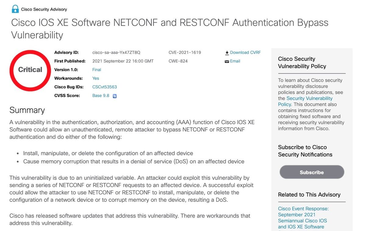 Cisco IOS XE Software NETCONF and RESTCONF Authentication Bypass Vulnerability