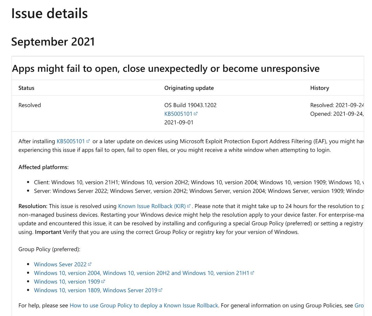 Windows 10、version 21H1: Apps might fail to open、close unexpectedly or become unresponsive
