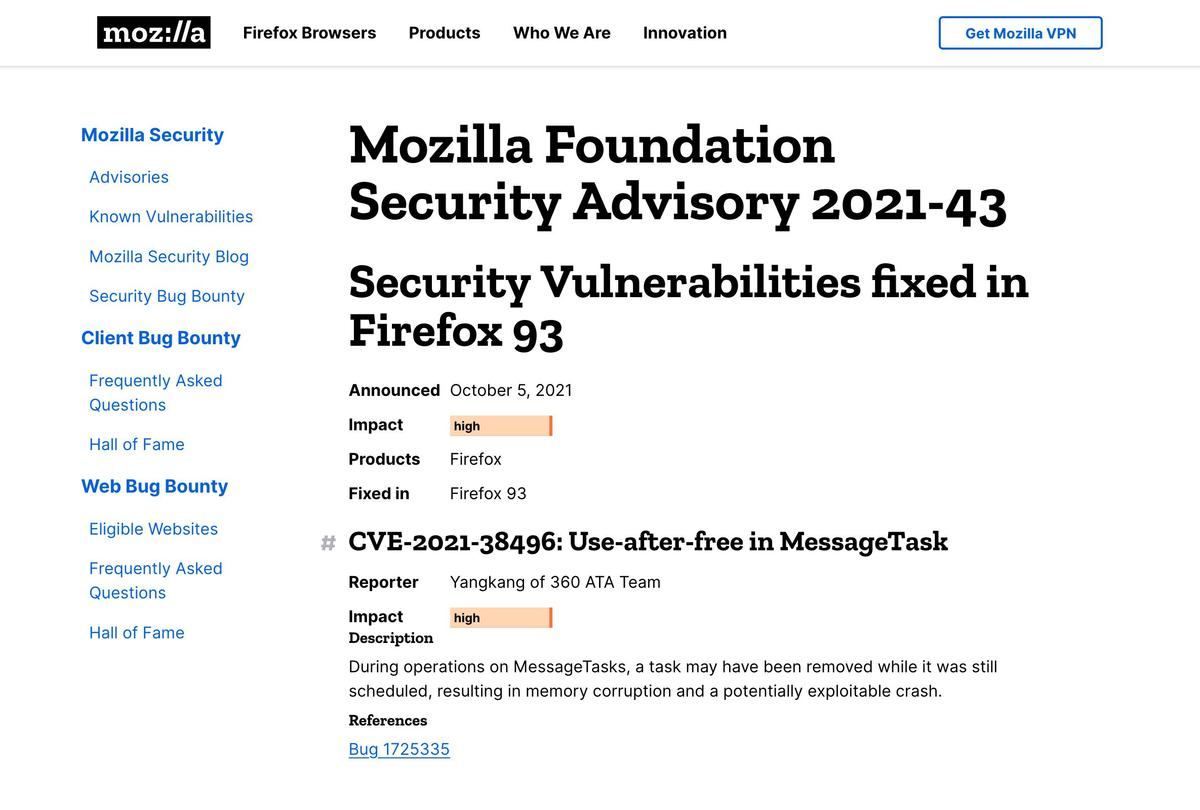 Security Vulnerabilities fixed in Firefox 93 — Mozilla