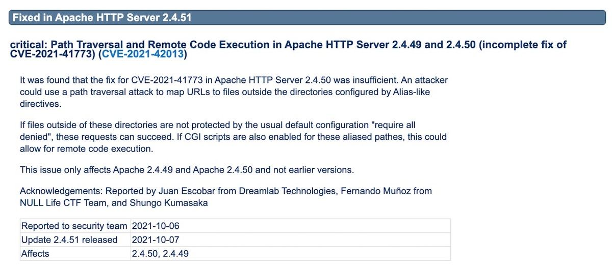 Path Traversal and Remote Code Execution in Apache HTTP Server 2.4.49 and 2.4.50