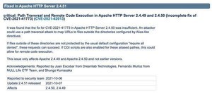 Apache HTTP Server 2.4.51リリース、2.4.50の修正では不十分と判明