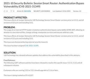 128 Technology製Session Smart Routerに認証不備の脆弱性