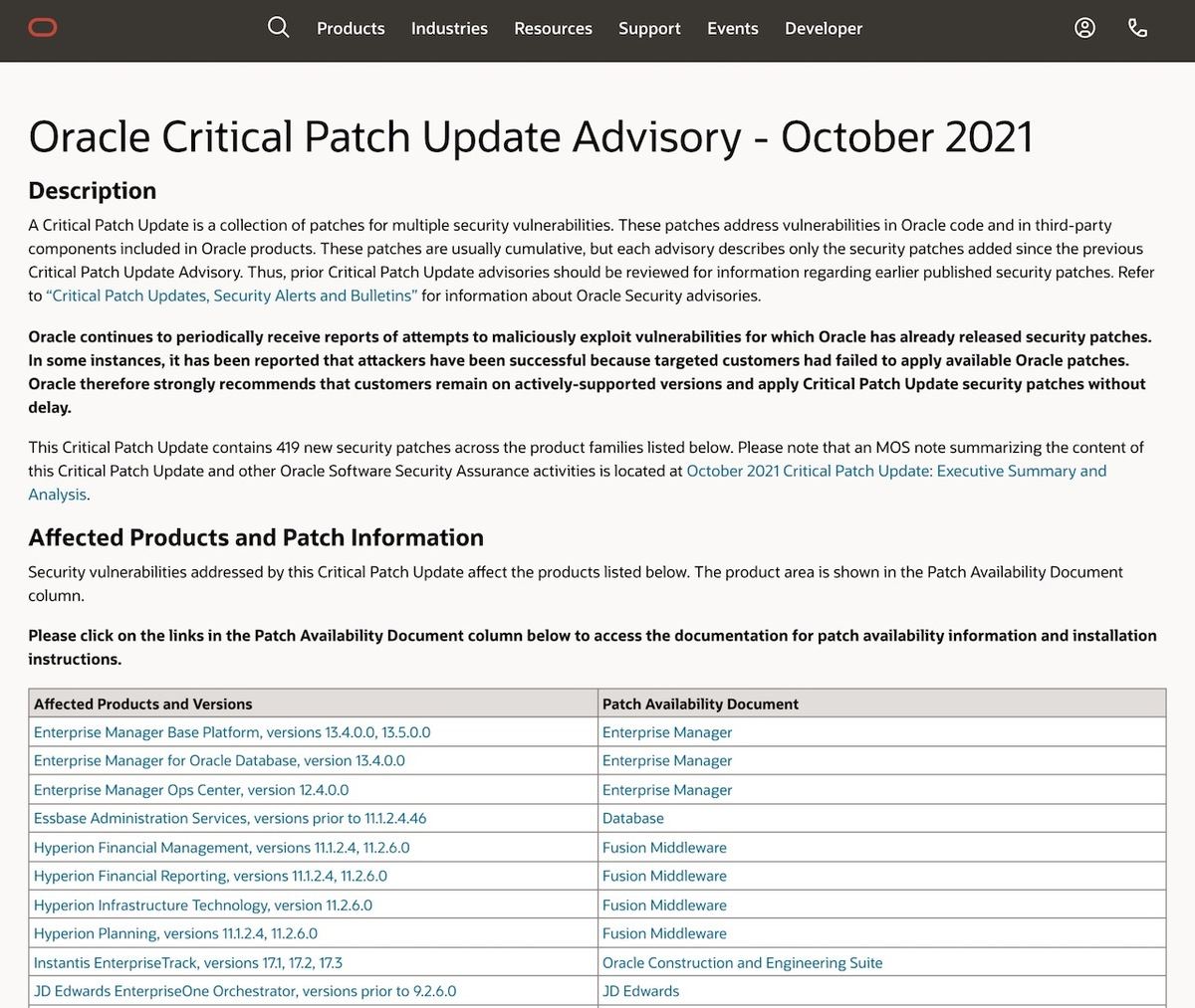 Oracle Critical Patch Update Advisory - October 2021