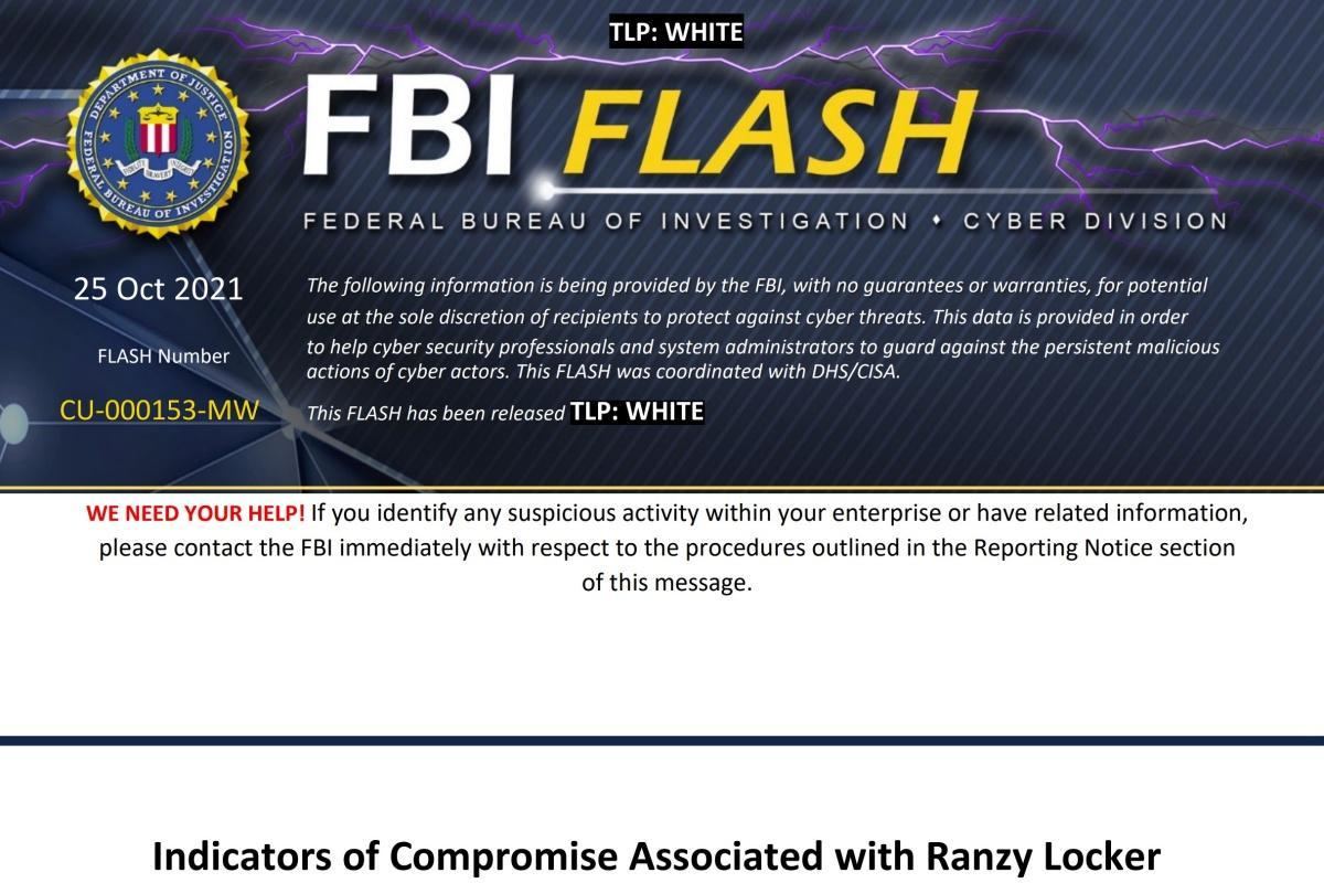 FBI FLASH - Indicators of Compromise Associated with Ranzy Locker Ransomware