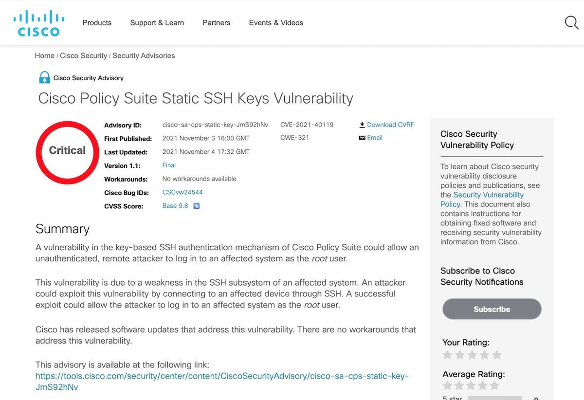 Cisco Security Advisory: Cisco Policy Suite Static SSH Keys Vulnerability