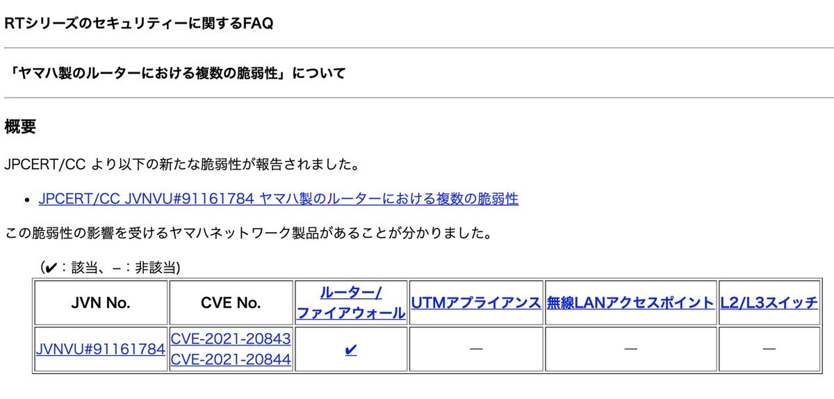 「ヤマハ製のルーターにおける複数の脆弱性」について