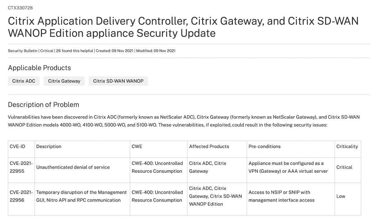 Citrix Application Delivery Controller、Citrix Gateway、and Citrix SD-WAN WANOP Edition appliance Security Update