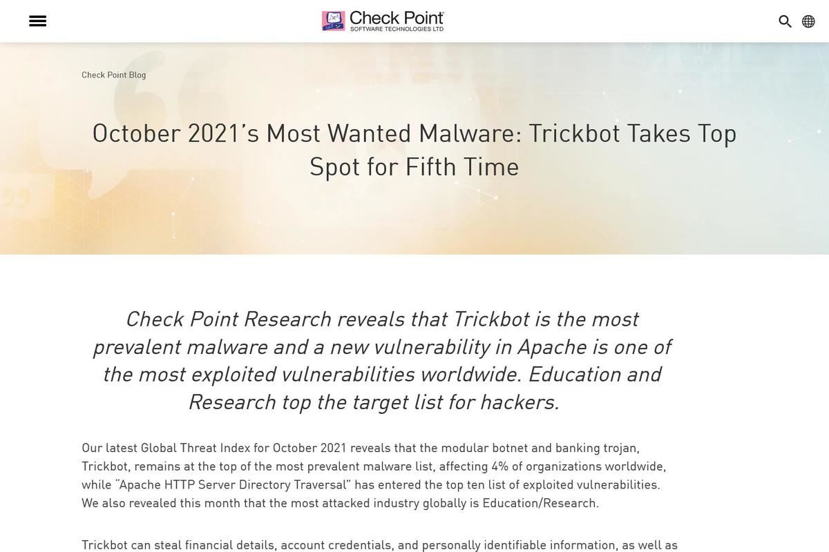October 2021’s Most Wanted Malware: Trickbot Takes Top Spot for Fifth Time - Check Point Software