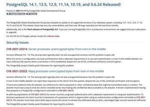 PostgreSQL 14.1、13.5、12.9、11.14、10.19、および9.6.24リリース