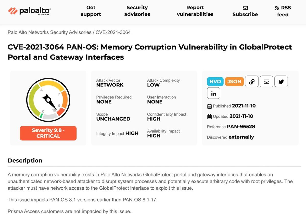 CVE-2021-3064 PAN-OS: Memory Corruption Vulnerability in GlobalProtect Portal and Gateway Interfaces