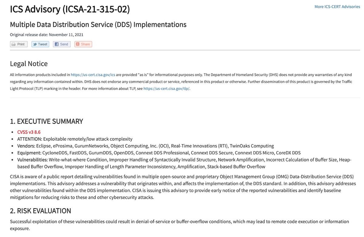 ICS Advisory (ICSA-21-315-02): Multiple Data Distribution Service (DDS) Implementations
