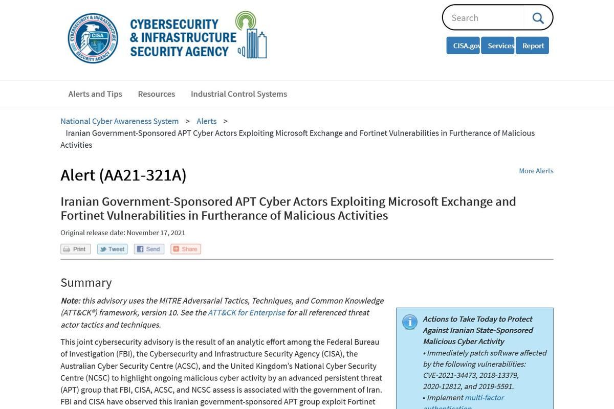 Iranian Government-Sponsored APT Cyber Actors Exploiting Microsoft Exchange and Fortinet Vulnerabilities in Furtherance of Malicious Activities｜CISA