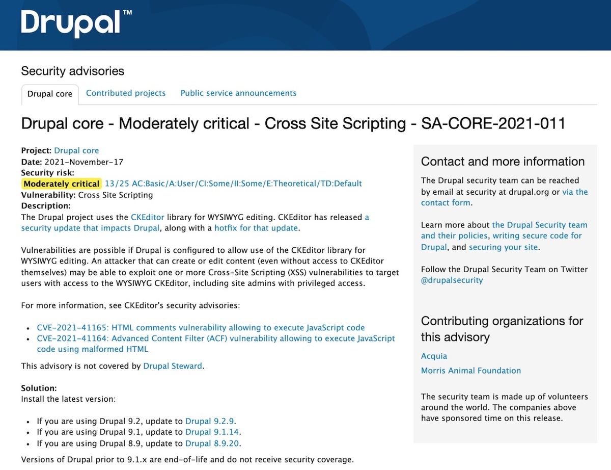 Drupal core - Moderately critical - Cross Site Scripting - SA-CORE-2021-011
