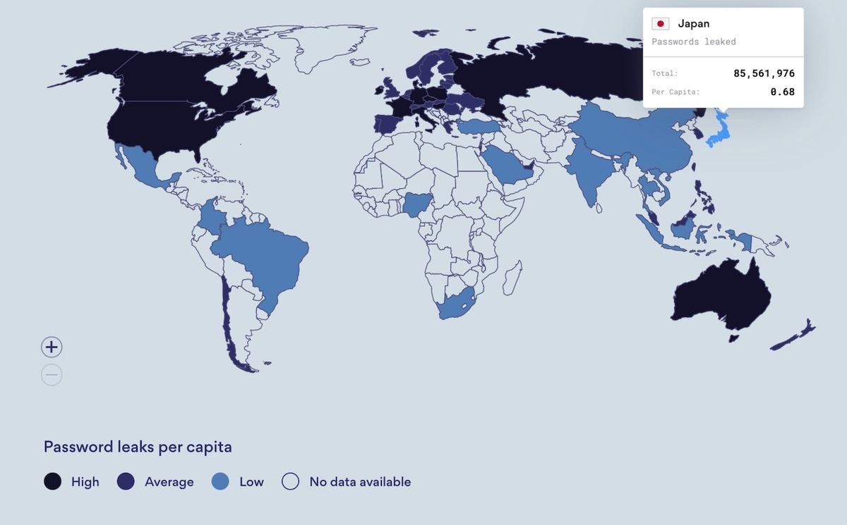 国別の一人当たりのパスワード流出を示したマップ