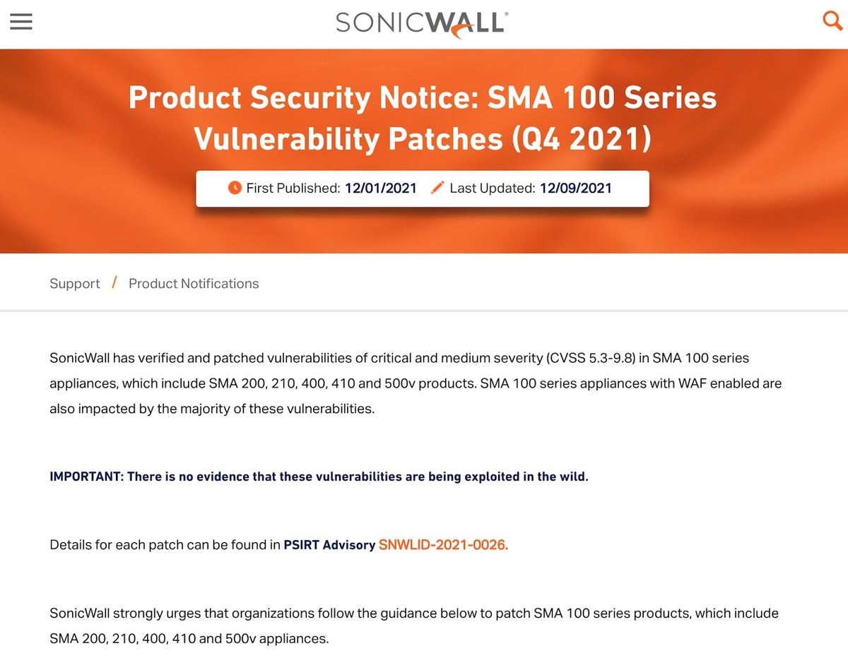 Product Security Notice: SMA 100 Series Vulnerability Patches (Q4 2021)