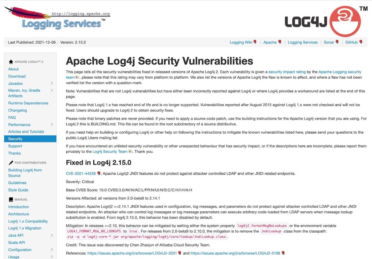 Apache Log4j Security Vulnerabilities - Fixed in Log4j 2.15.0