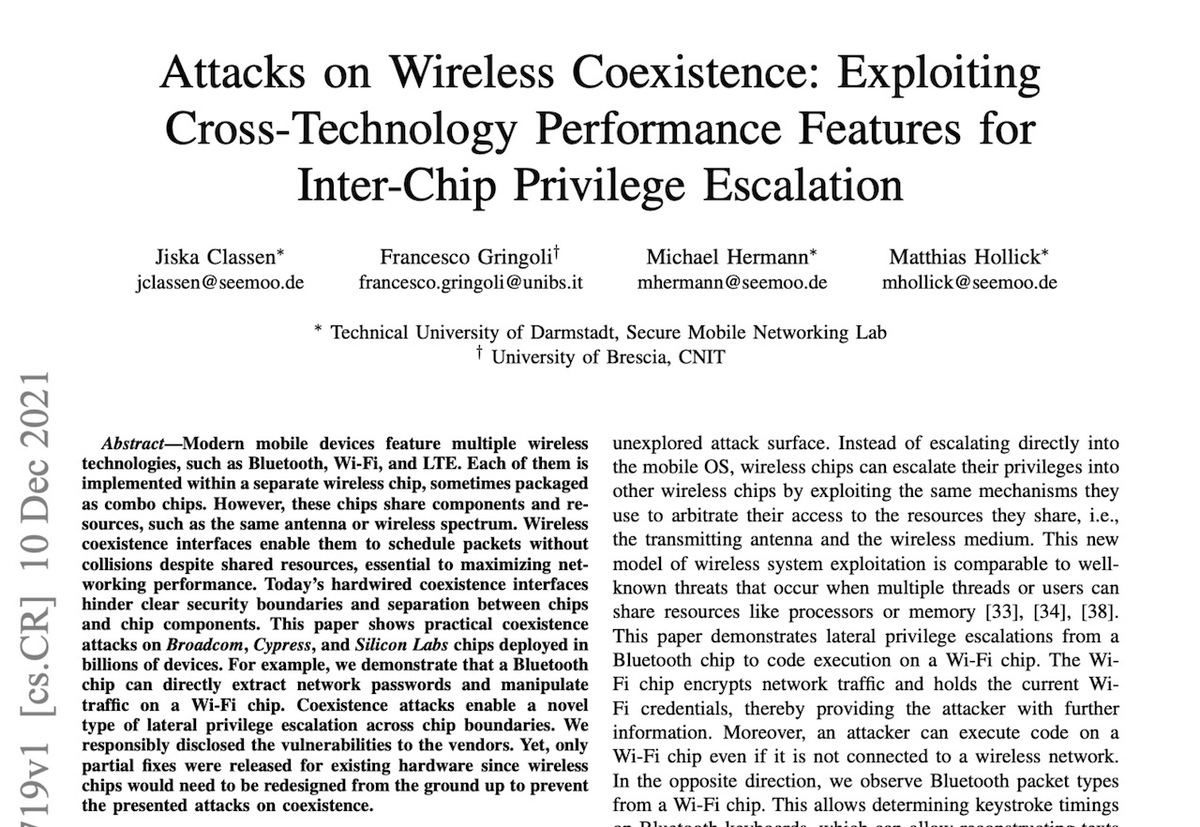 Wi-Fiチップの脆弱性について報告した研究論文