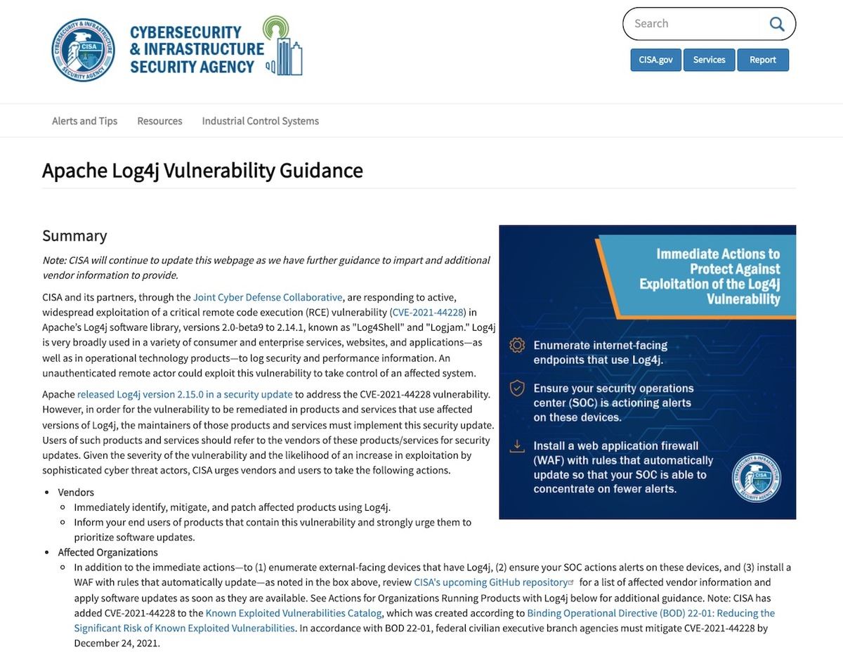 Apache Log4j Vulnerability Guidance